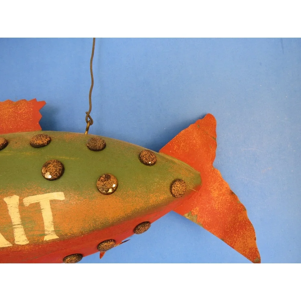 Vintage Hanging Wood Fish Bait Sign Beer Bottle Cap Folk Art
